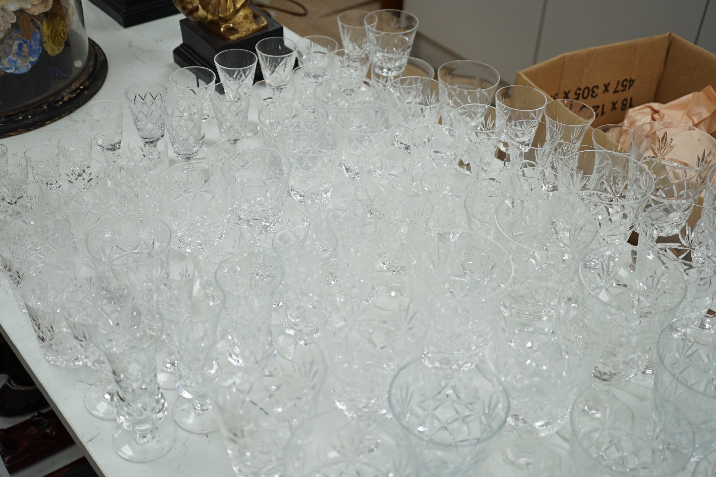 A large quantity cut glass suite of drinking glasses, mostly Brierley Queens pattern.